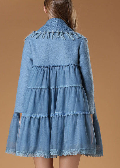 Blue Tulle Patchwork Tasseled Fall Woolen Coat