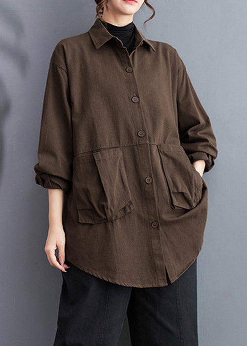 Loose Coffee Pockets Cotton Shirts Long Sleeve