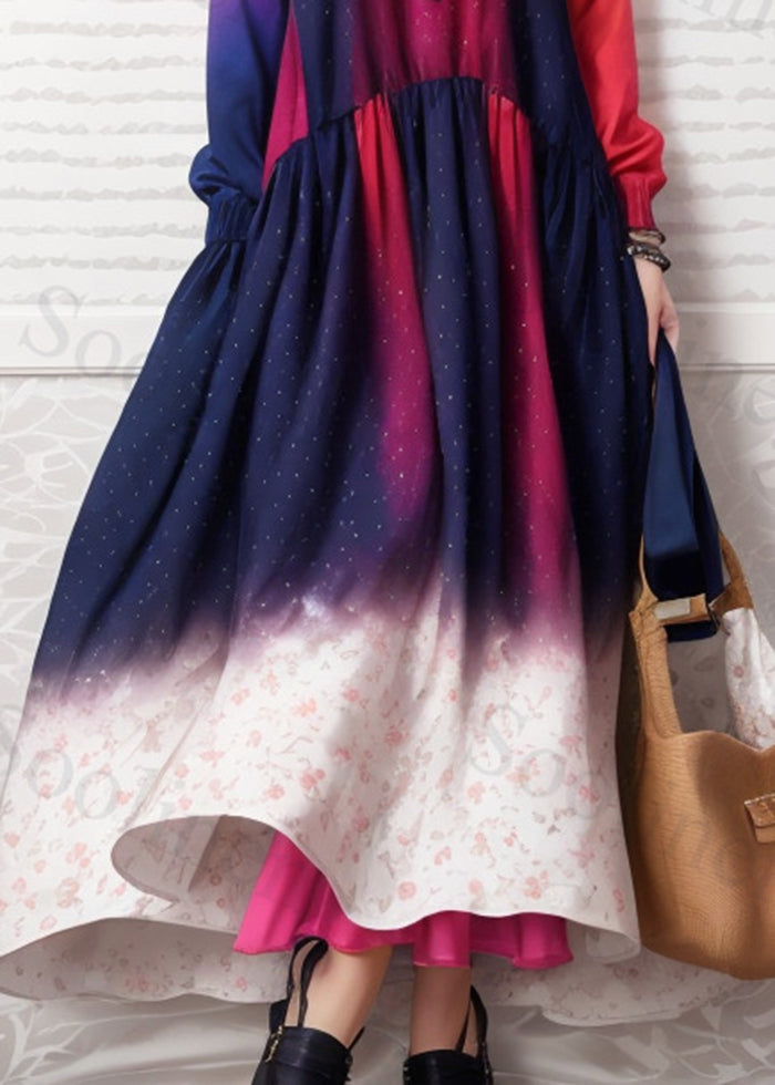 French Gradient Color Exra Large Hem Silk Vacation Dress Fall