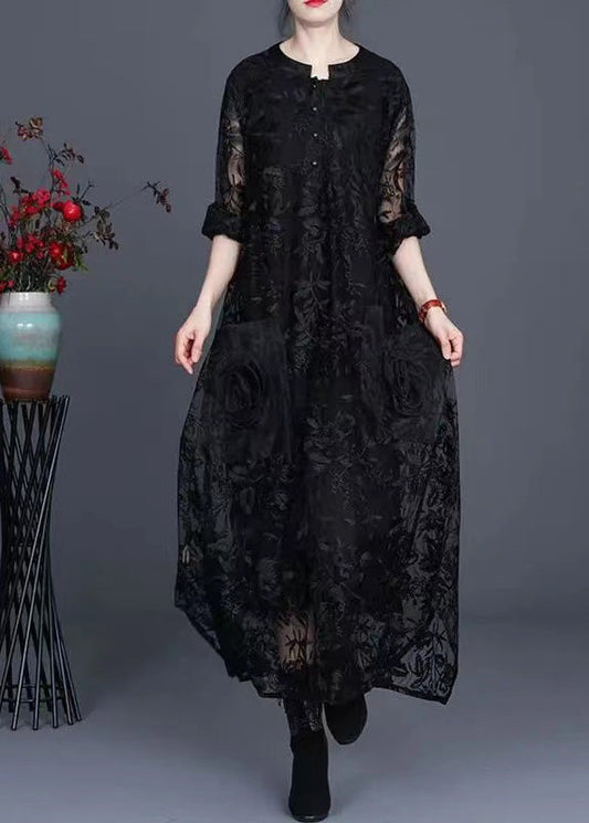 Italian Black Jacquard Long Lace Dress Spring Maxi Dress