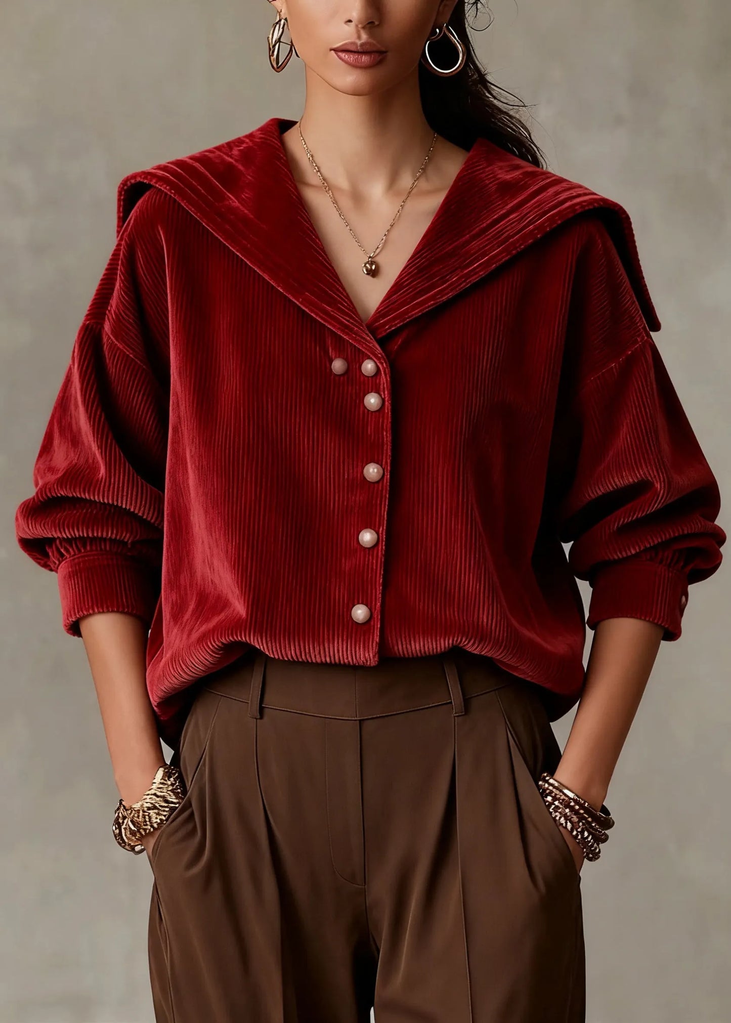 Red Sailor Collar Button Corduroy Shirts Spring