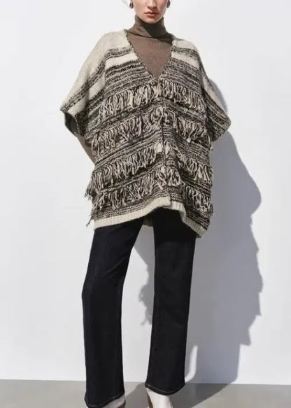 French Colorblock V Neck Tasseled Woolen Vest Tops Cloak Sleeves