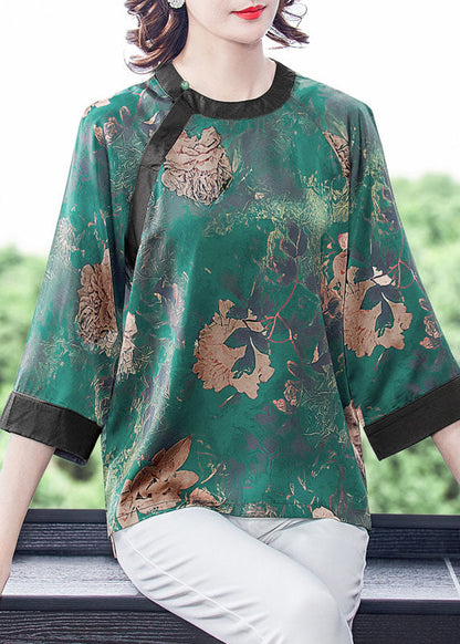 Green O-neck Patchwork Print Silk Shirt Tops Bracelet Sleeve