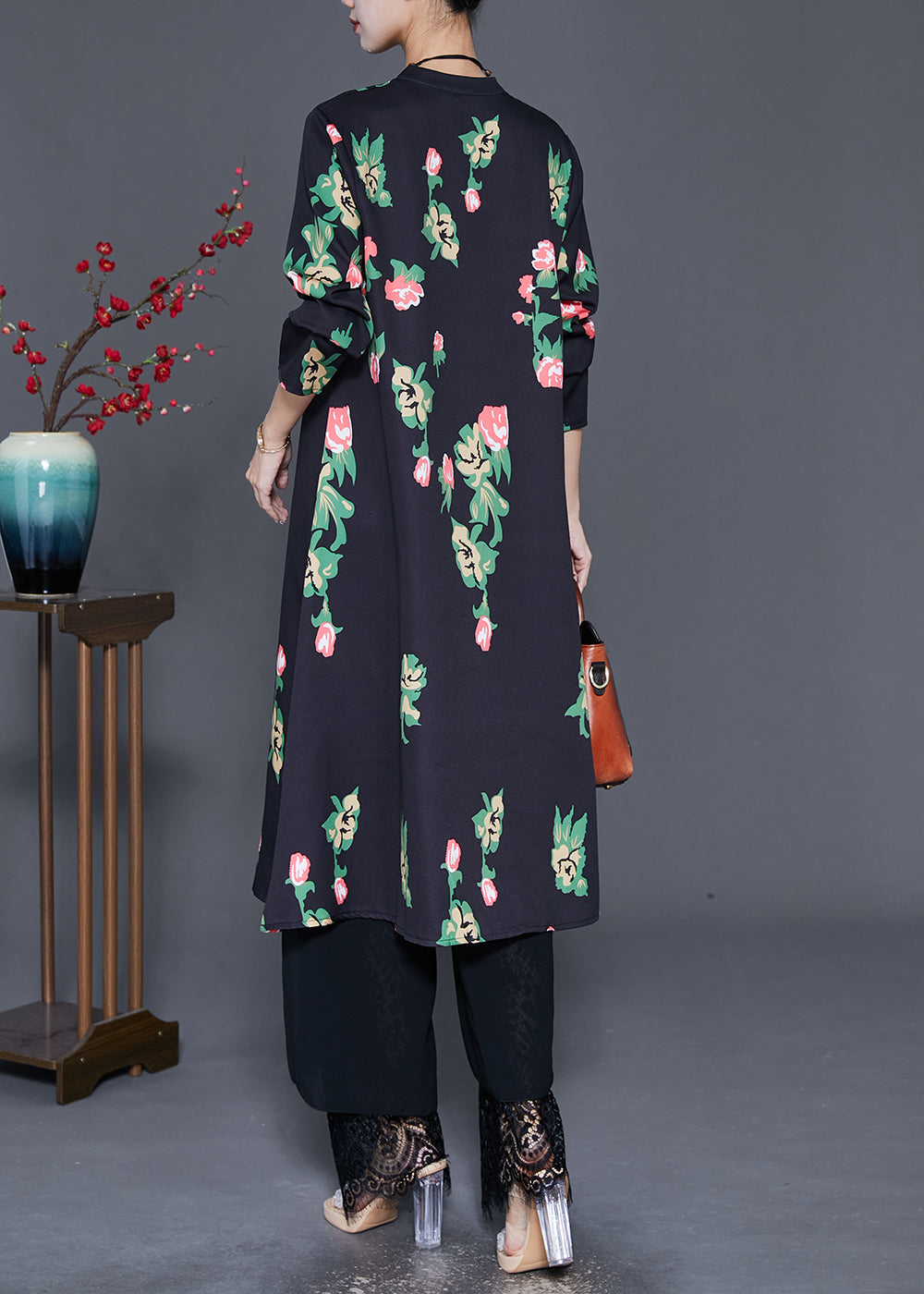 Black Mandarin Collar Print a Line Dress Fall
