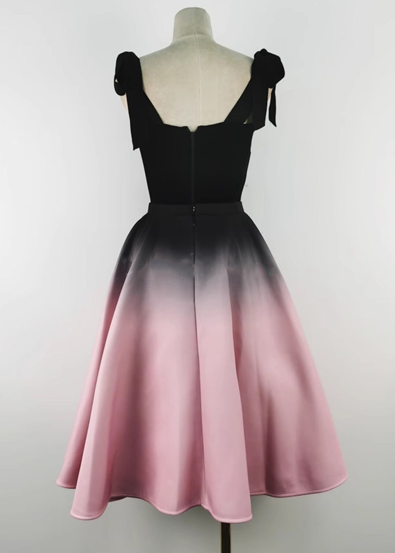 Slim Fit Black Lace Bow Silk Velvet Tank and Gradient Color Skirts Two Pieces Set Sleeveless