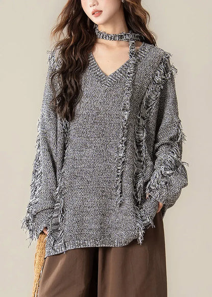 Loose Black V Neck Hole Cozy Knit Sweater Spring