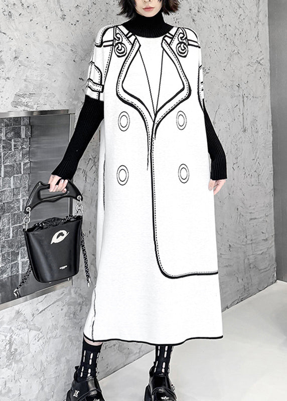 Classy Black Turtleneck Print Wear on Both Sides Cotton Knit Long Sweater Dress Fall