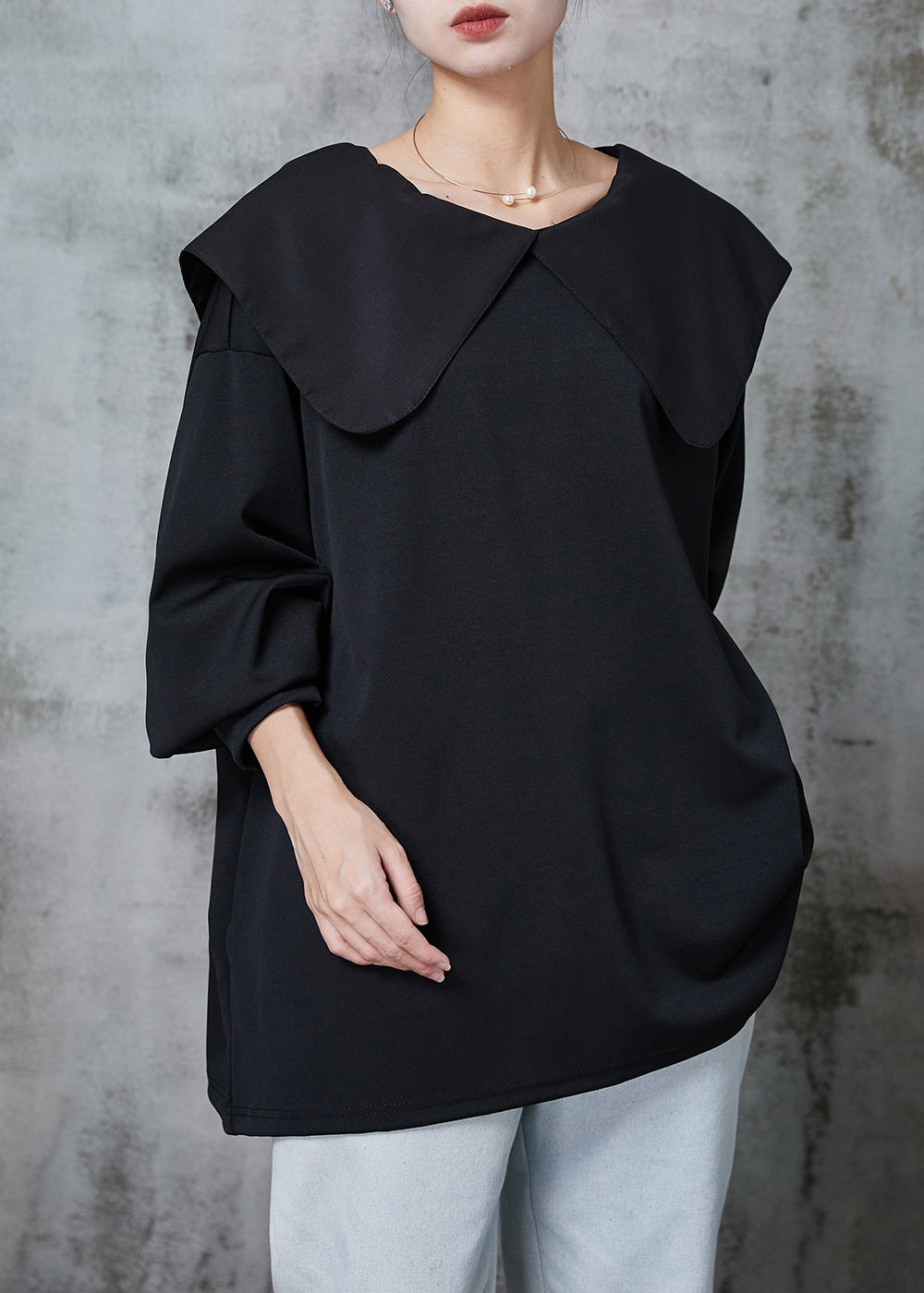 Black Peter Pan Collar Bow Cotton Shirt Top Spring