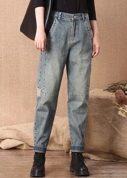 Blue High Waist Button Pockets Patchwork Cotton Denim Pants Summer