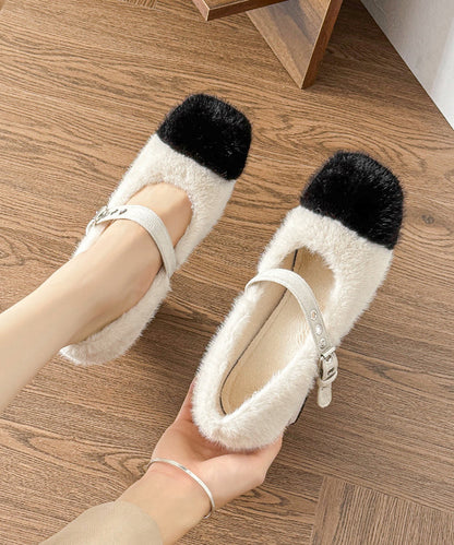 Buckle Strap Splicing Chunky High Heels Beige Fuzzy Fur