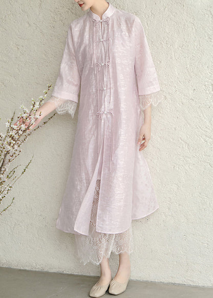Purple Tasseled Chinese Button Lace Patchwork Silk Dress Fall