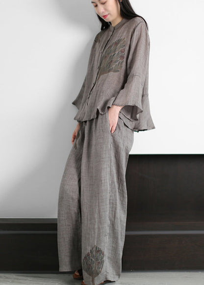 Grey Stand Collar Print Linen Tops and Wide Leg Pants Two Piece Outfit Flare Sleeve