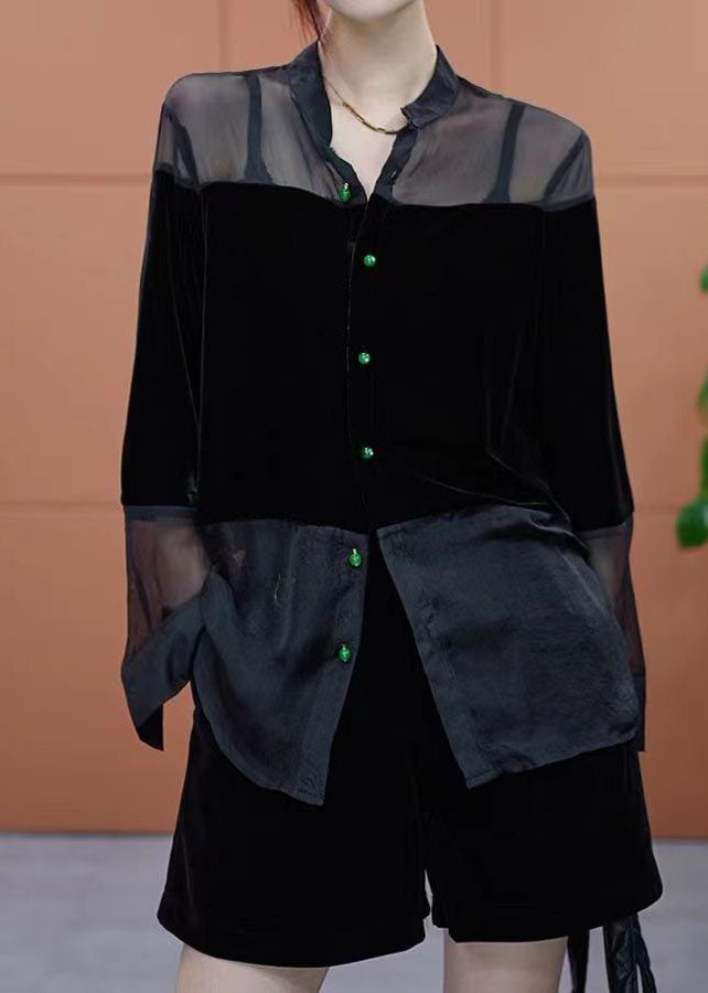 Green Stand Collar Patchwork Silk Velour Shirt Top Spring