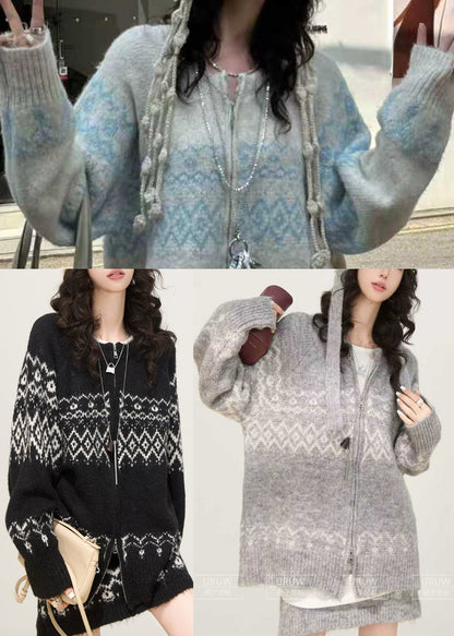 Boutique Grey Zip Up Print Knit Two Piece Set Spring