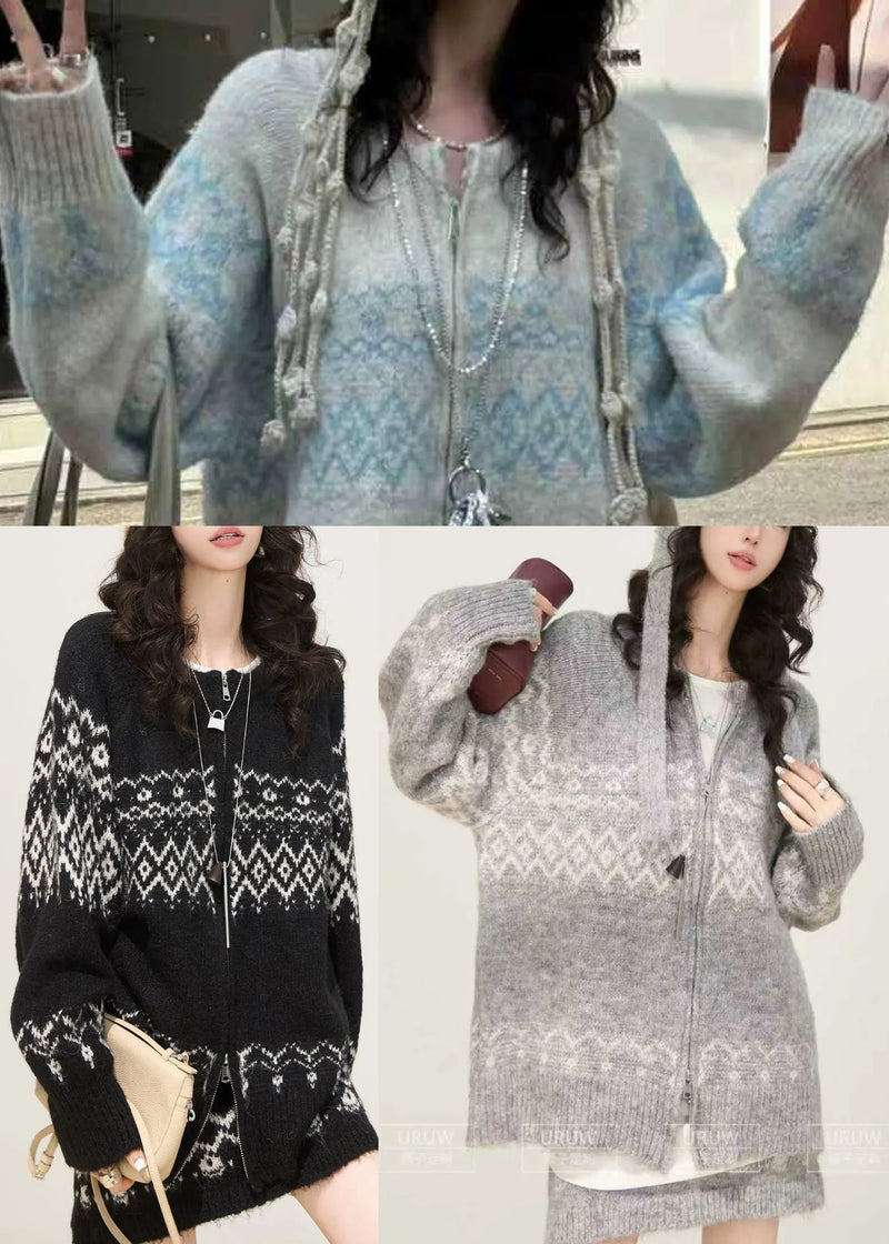 Black Oversized Print Knit Two Piece Set Clothing Spring