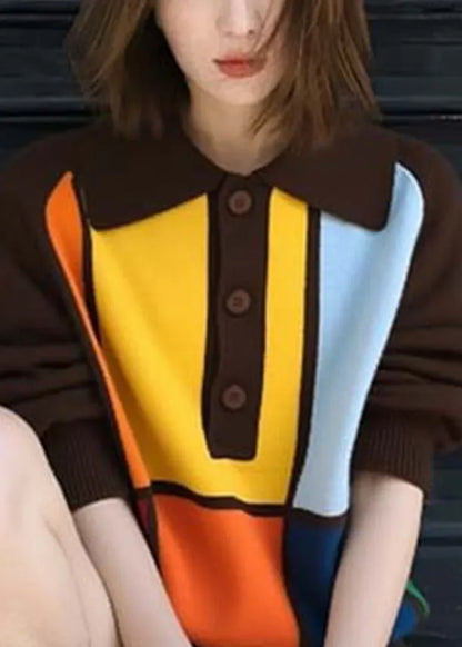 Coffee Peter Pan Collar Button Patchwork Knit Sweaters Fall