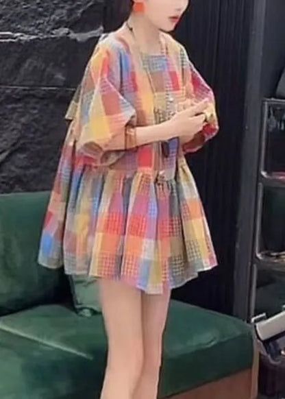 French O Neck Plaid Button Cotton Blouse Fall
