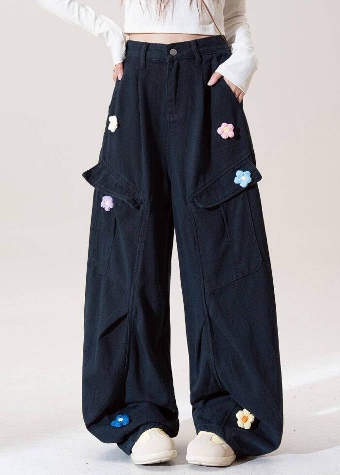 Stylish Navy Embroidered Pockets Cotton Pants Fall