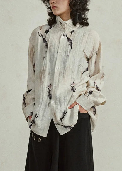 Natural Khaki Stand Collar Button T Shirts Lantern Sleeve