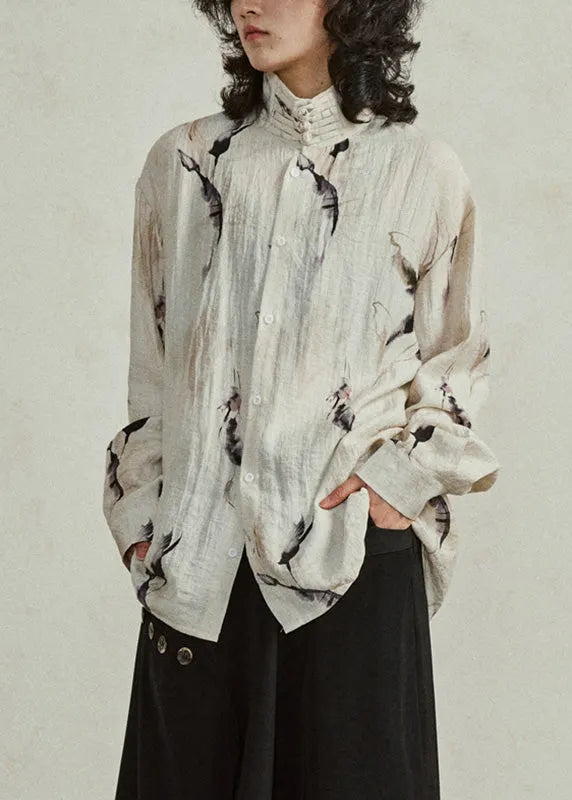 Natural Khaki Stand Collar Button T Shirts Lantern Sleeve