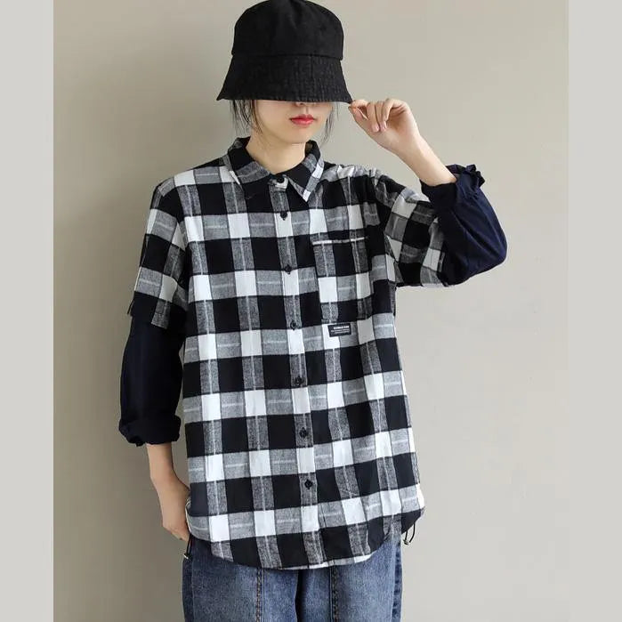 Unique Lapel False Two Pieces Crane Tops Design Black White Plaid Tops