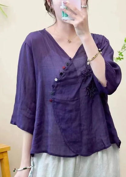 White Embroideried Linen Blouse Top Half Sleeve