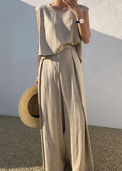 Boutique Khaki O-neck T Shirt and Wide Leg Pants Two Pieces Set Sleeveless Summer