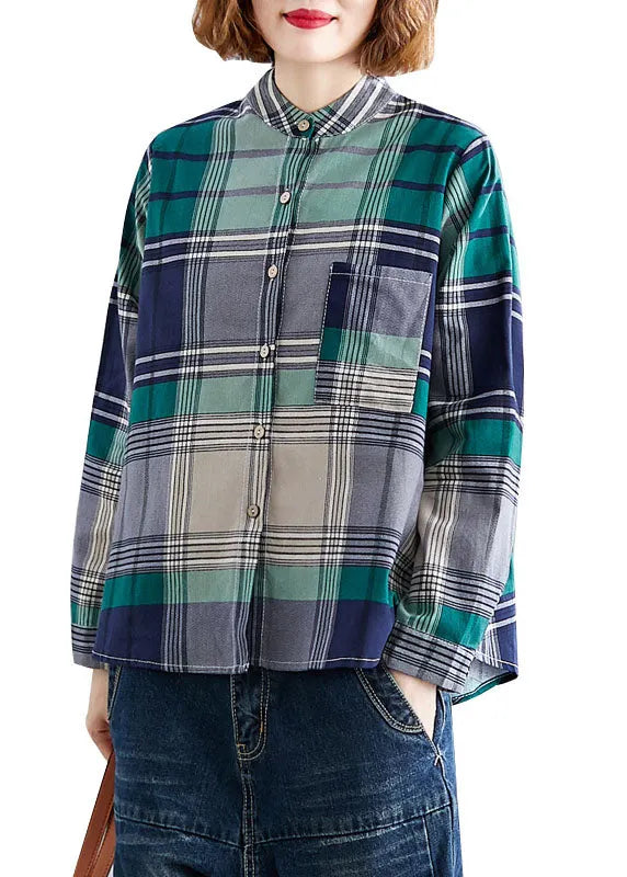 Art Green Pockets Button Patchwork Fall Plaid Long Sleeve Top