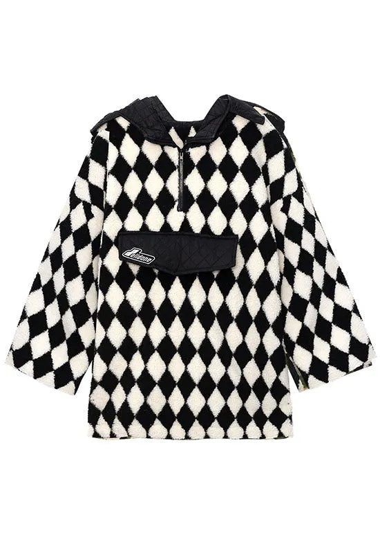 Comfy Plaid Teddy Hooded Patchwork Fall Sweatshirt Street Wear
