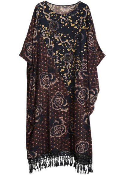 Style Chocolate Print Quilting Clothes O Neck Tassel Spring Dresses