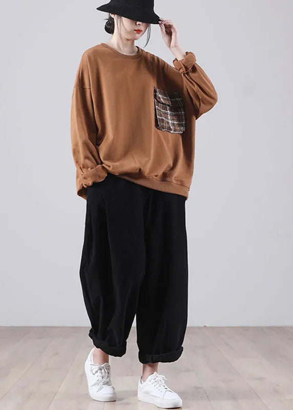 Chocolate Loose O-neck Pockets Fall Sweatshirts