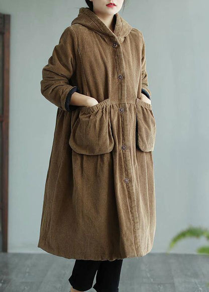 Modern Hooded Pockets Maxi Coat Khaki Daily Outwear
