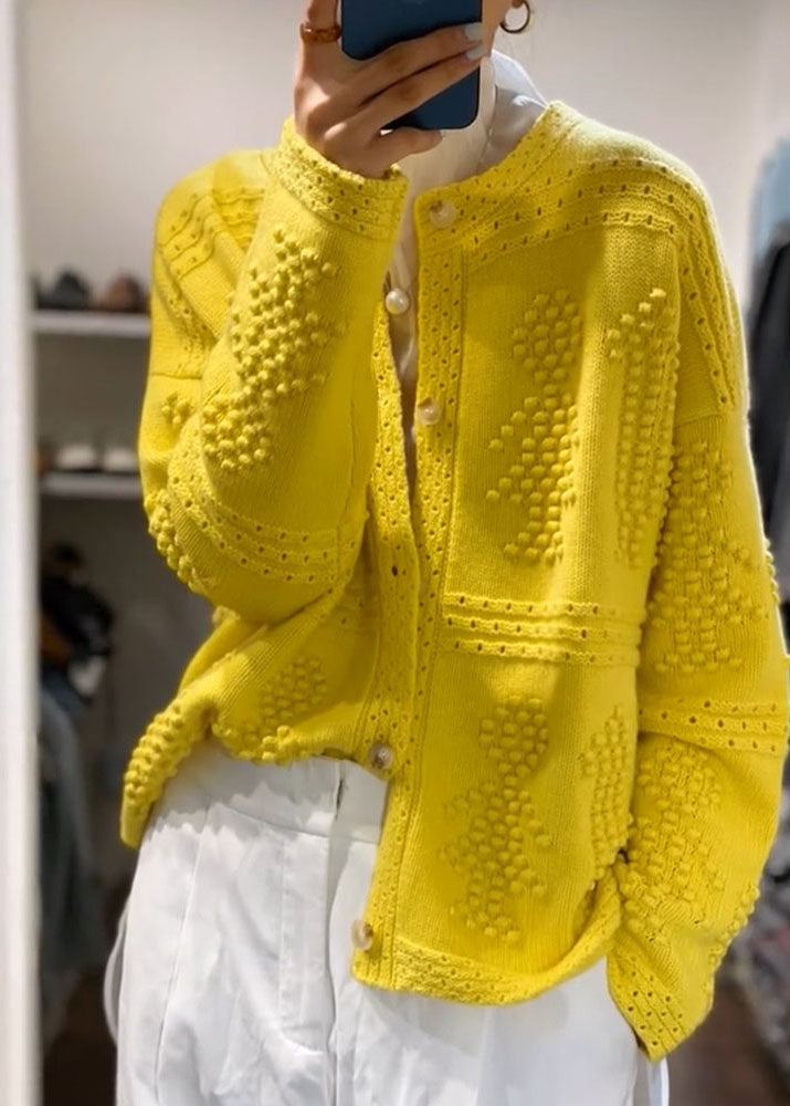 Yellow O Neck Button Knit Sweaters Coat Fall