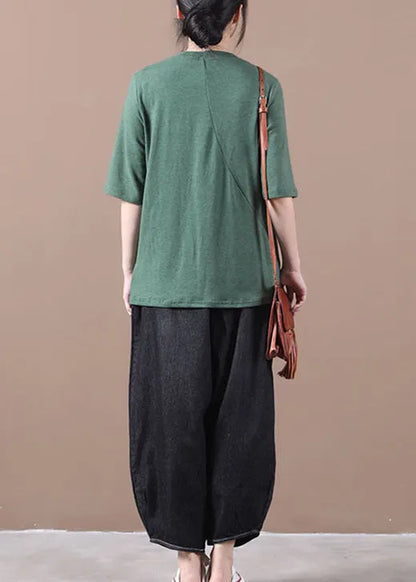 Green Wrinkled Knit Blouses Half Sleeve