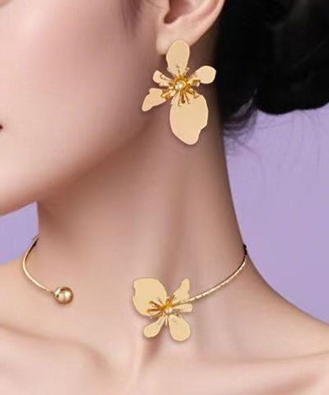 Art Gold Copper Alloy Stud Earrings and Choker Two-piece Set