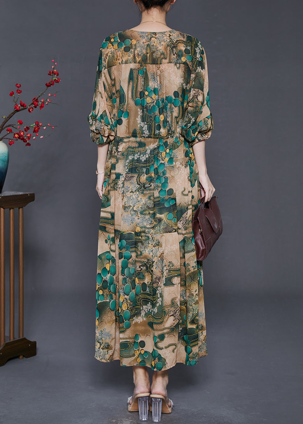 Green Cinched Print Chiffon Long Dress Fall