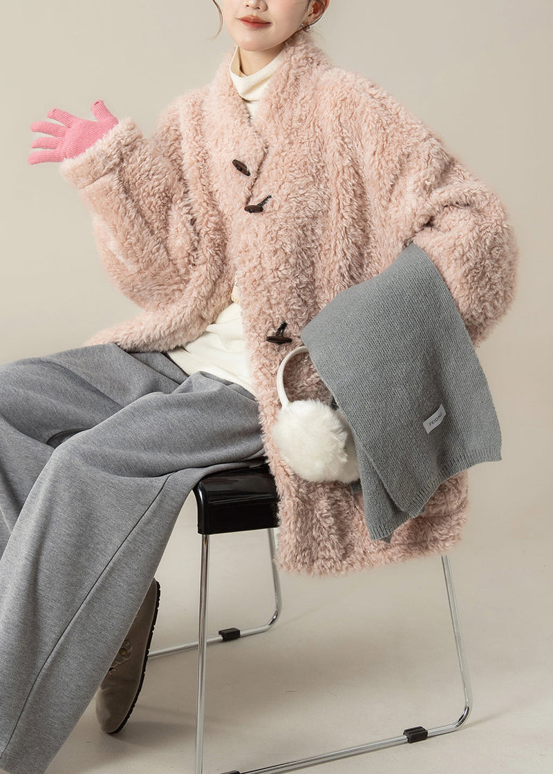 New Pink Faux Fur Coat and Grey Wide Leg Pants Set Winter