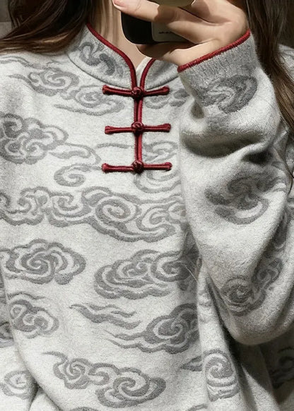Grey Stand Collar Auspicious Clouds Knit Sweater Tops Winter
