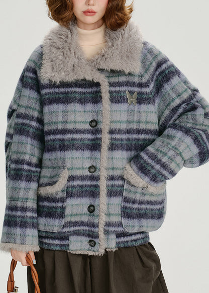 Blue Pockets Plaid Warm Fleece Coat Outwear Winter