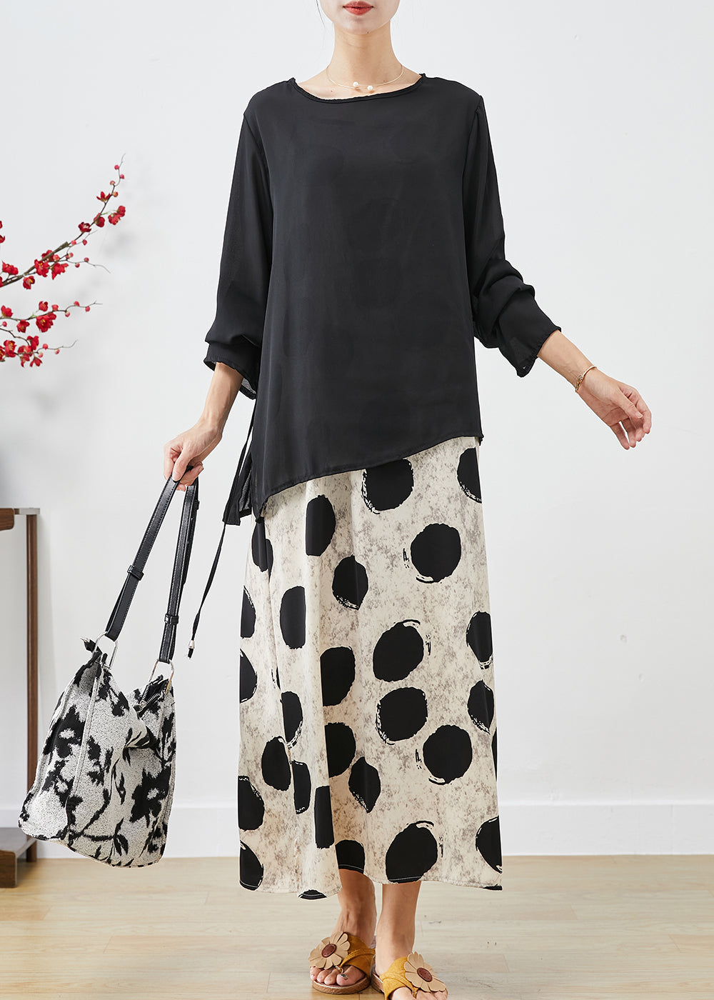 Asymmetrical Print Draping Chiffon Dress Two Pieces Set Fall