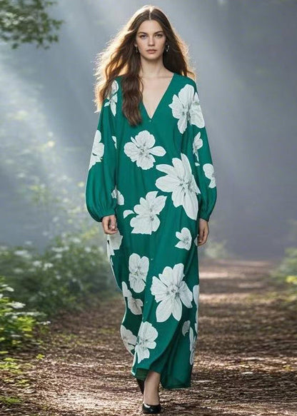 Stylish Green V Neck Print Chiffon Long Dresses Spring