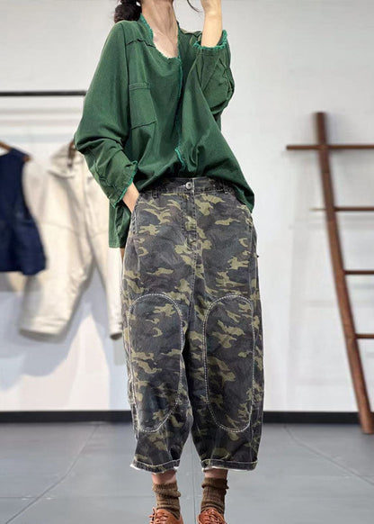 Green Elastic Waist Embroideried Camouflage Cotton Harem Pants Fall