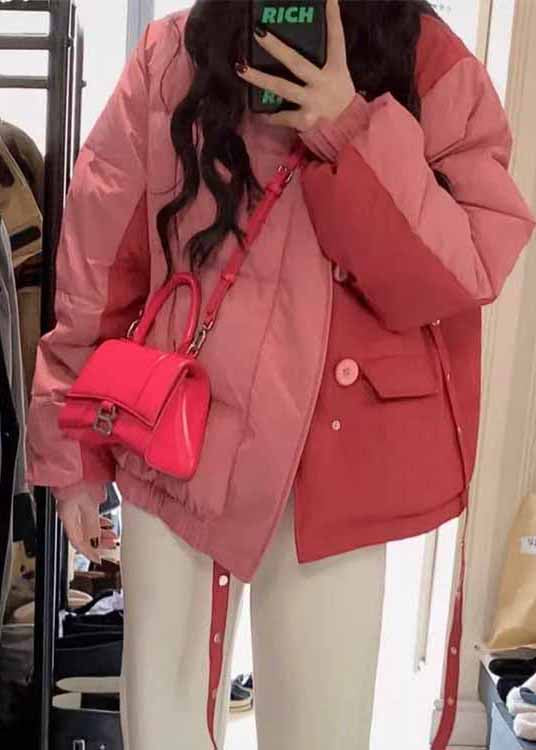 Pink Stand Collar Pockets Fine Cotton Filled Jacket Winter