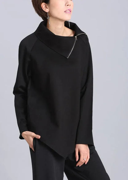 Black Asymmetrical Design Zippered Fall Blouse Tops Long Sleeve