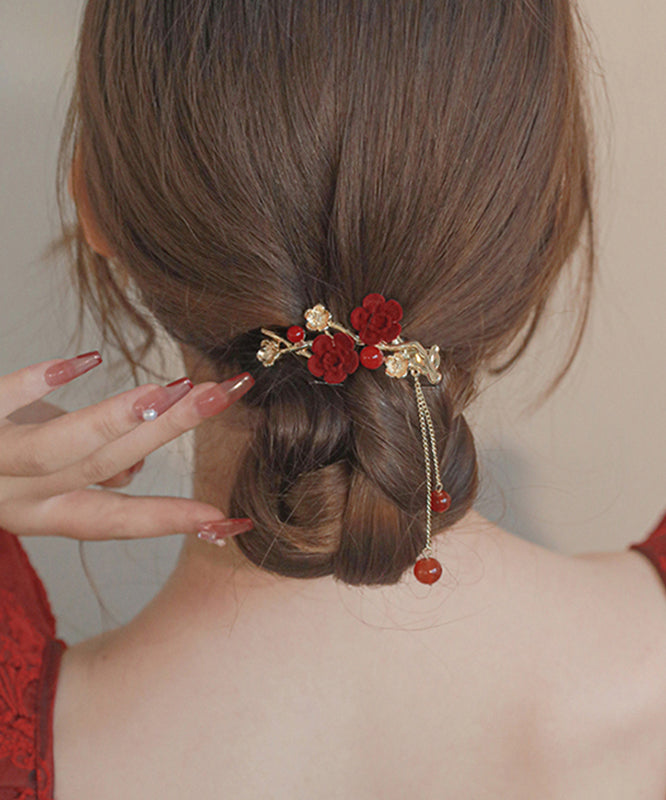 Red Copper Alloy Plum Blossom Tassel Hairpin