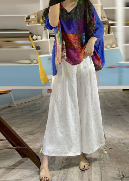 Loose Yellow V Neck Print Patchwork Linen Top Wide Leg Pants Two Pieces Set Batwing Sleeve