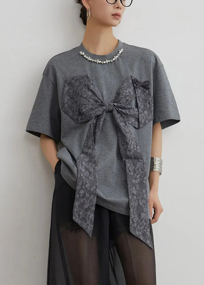Loose Grey O Neck Bow Patchwork Cotton T Shirt Summer
