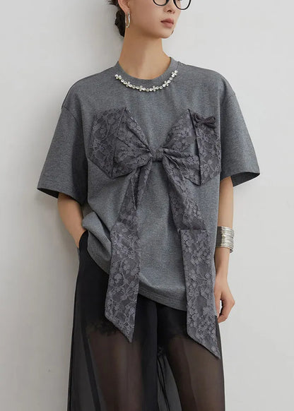 Loose Grey O Neck Bow Patchwork Cotton T Shirt Summer