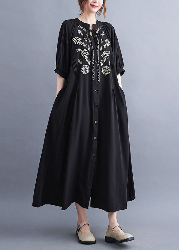 Black Embroideried Lace Up Cotton Maxi Dress Summer
