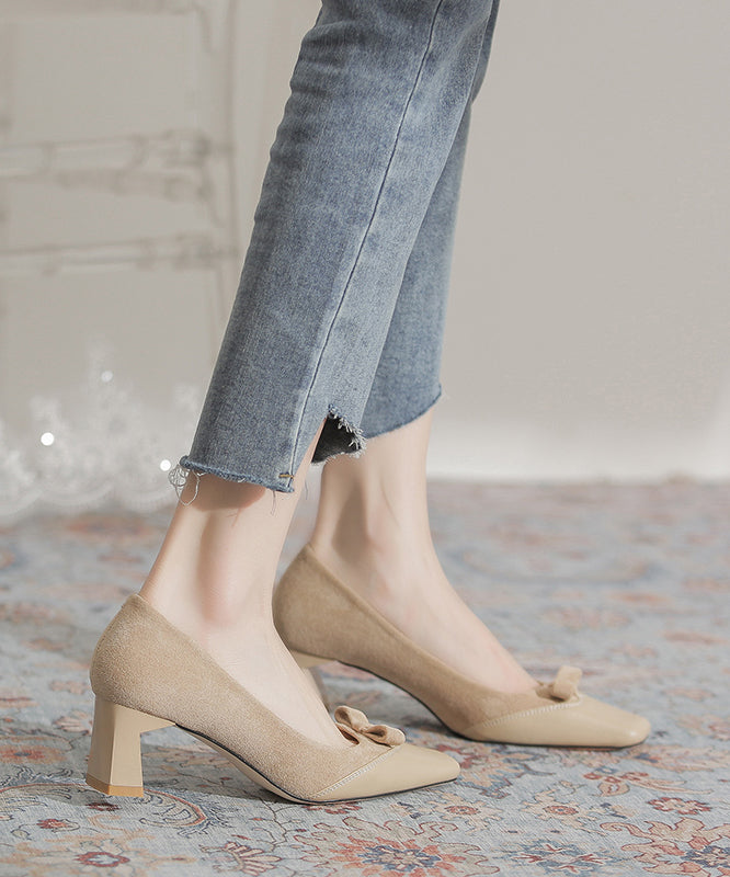 Wine Red Suede Bow Splicing Chunky Heel